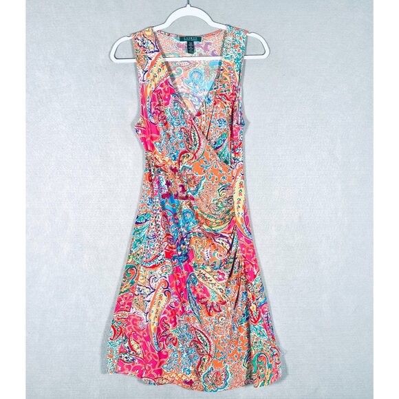 Lauren Ralph Lauren Dress Womens M Pink Paisley Faux Wrap Midi Resort - Picture 1 of 11